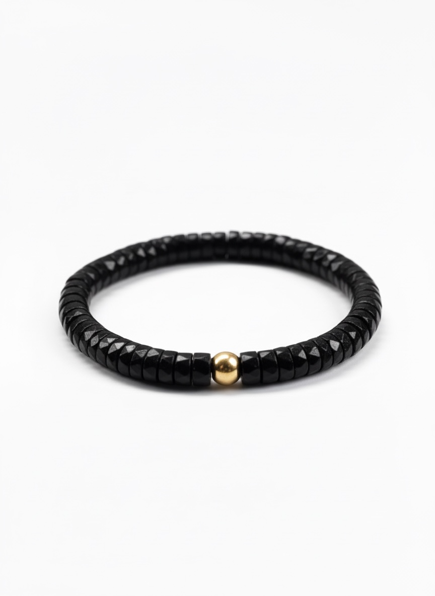 Faceted Black Tourmaline Heishi Stretch Bracelet with 3 Gold Beads