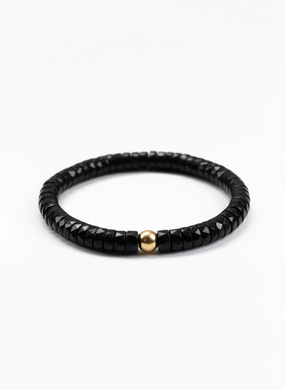 Faceted Black Tourmaline Heishi Stretch Bracelet with 3 Gold Beads