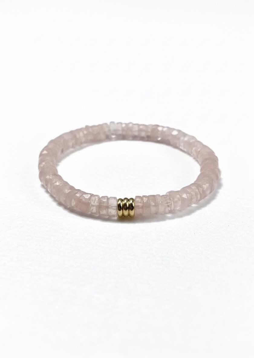 Faceted Rose Quartz Heishi Stretch Bracelet with 3 Gold Beads
