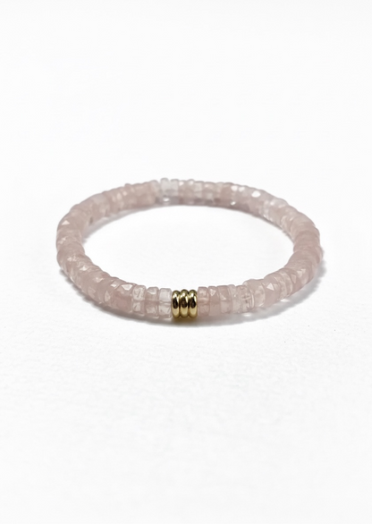 Faceted Rose Quartz Heishi Stretch Bracelet with 3 Gold Beads