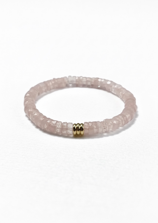 Faceted Rose Quartz Heishi Stretch Bracelet with 3 Gold Beads