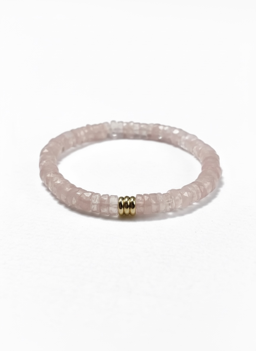 Faceted Rose Quartz Heishi Stretch Bracelet with 3 Gold Beads