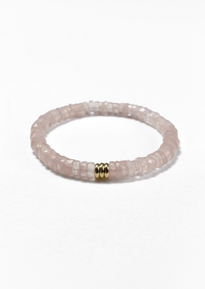 Faceted Rose Quartz Heishi Stretch Bracelet with 3 Gold Beads