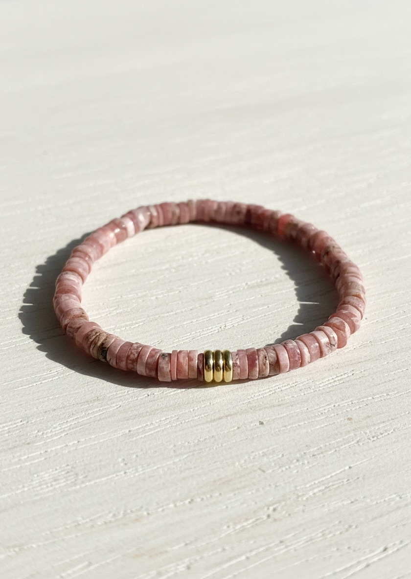 Faceted Rhodochrosite Heishi Stretch Bracelet with Gold