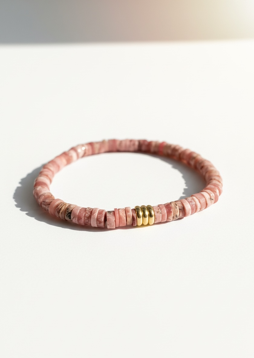Faceted Rhodochrosite Heishi Stretch Bracelet with Gold