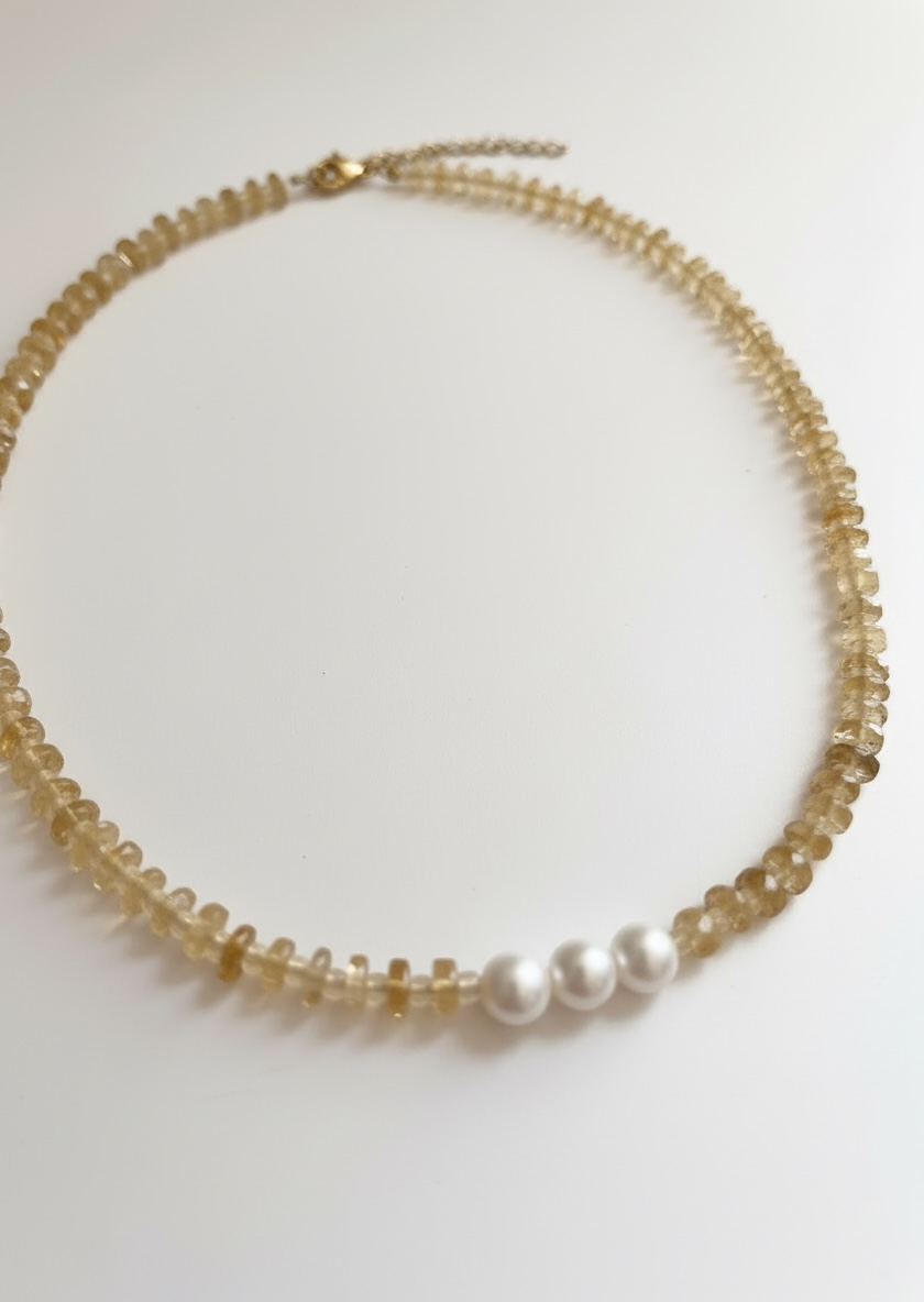 Natural Citrine Heishi Necklace with Opal and Pearls