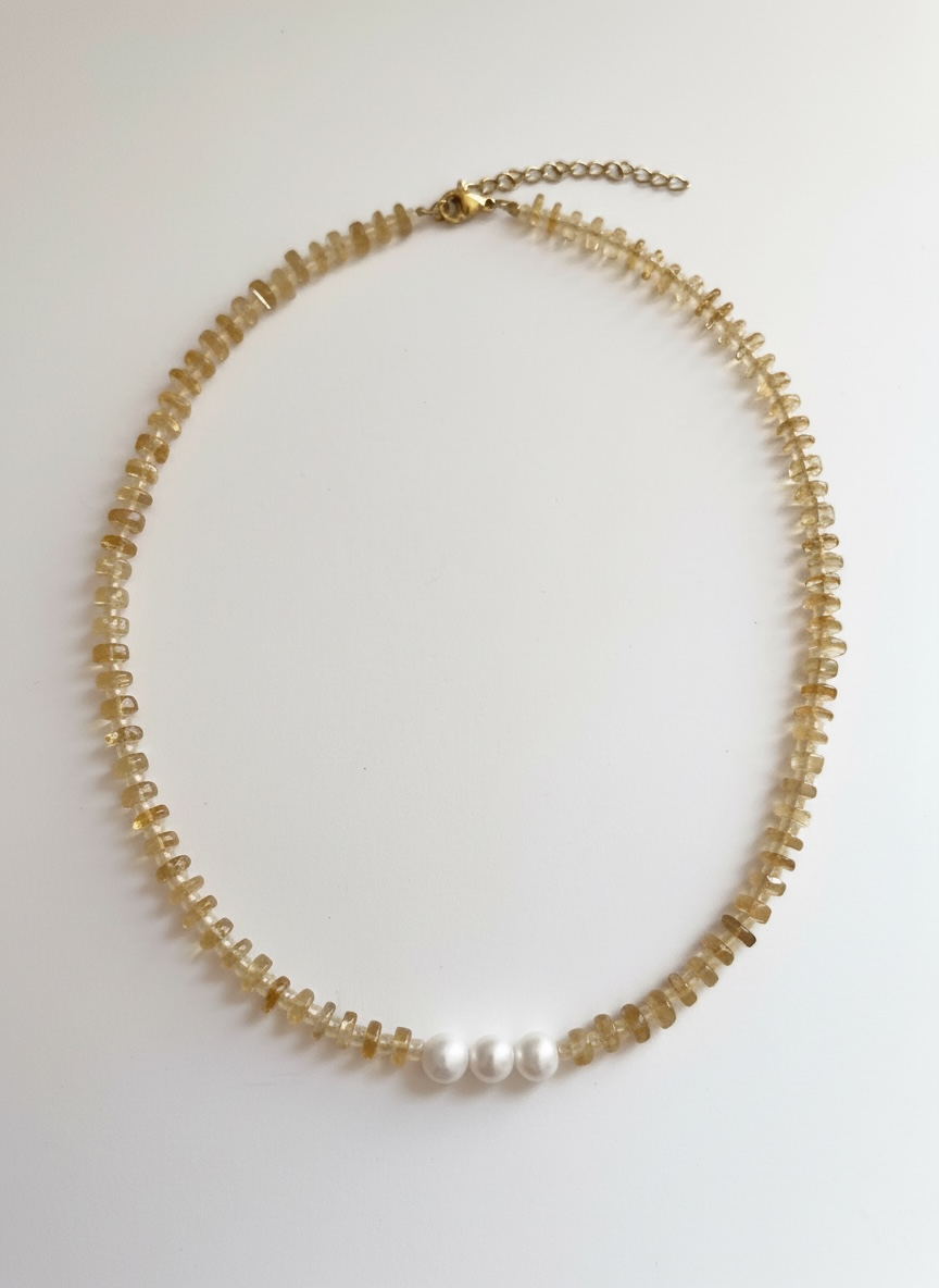 Natural Citrine Heishi Necklace with Opal and Pearls