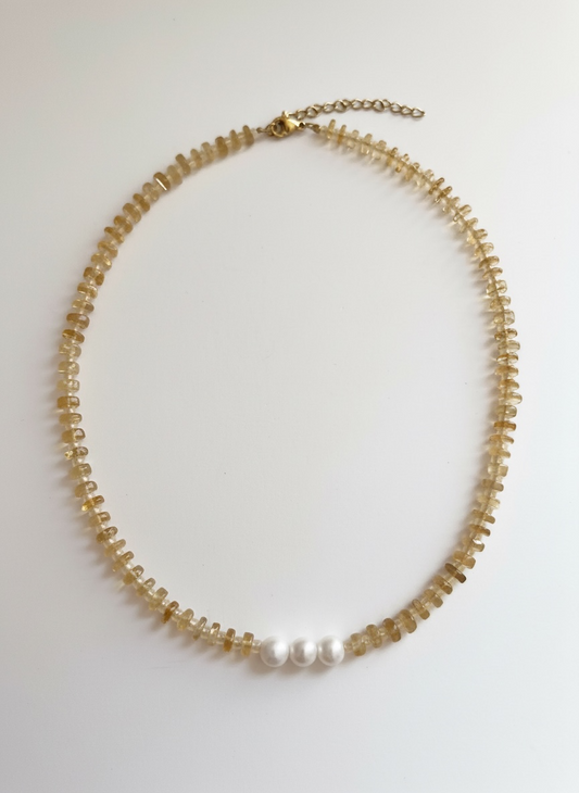 Natural Citrine Heishi Necklace with Opal and Pearls