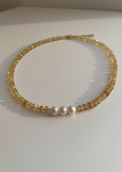Natural Citrine Heishi Necklace with Opal and Pearls