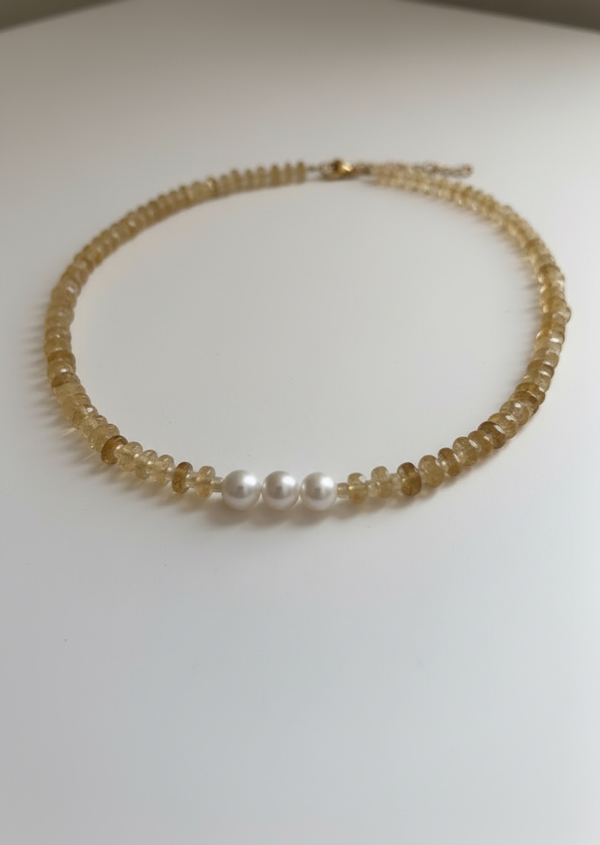 Natural Citrine Heishi Necklace with Opal and Pearls