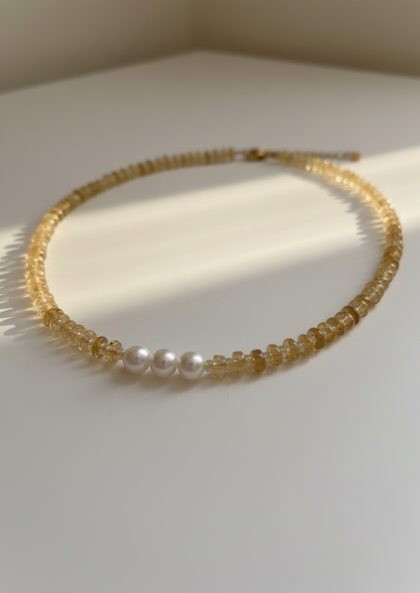 Natural Citrine Heishi Necklace with Opal and Pearls
