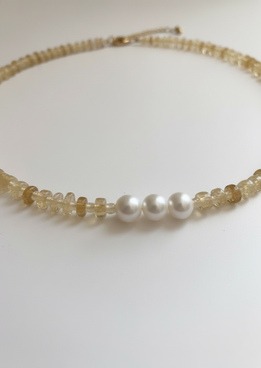 Natural Citrine Heishi Necklace with Opal and Pearls