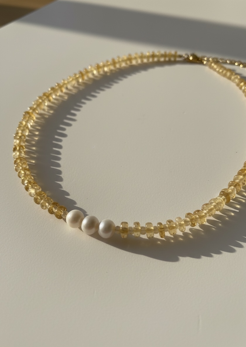 Natural Citrine Heishi Necklace with Opal and Pearls