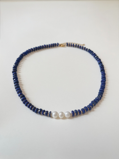 Natural Lapis Lazuli Faceted Heishi Necklace with Pearls