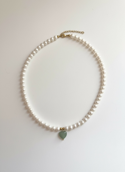 Natural Cultured Freshwater Pearl Necklace with Green Aventurine Heart