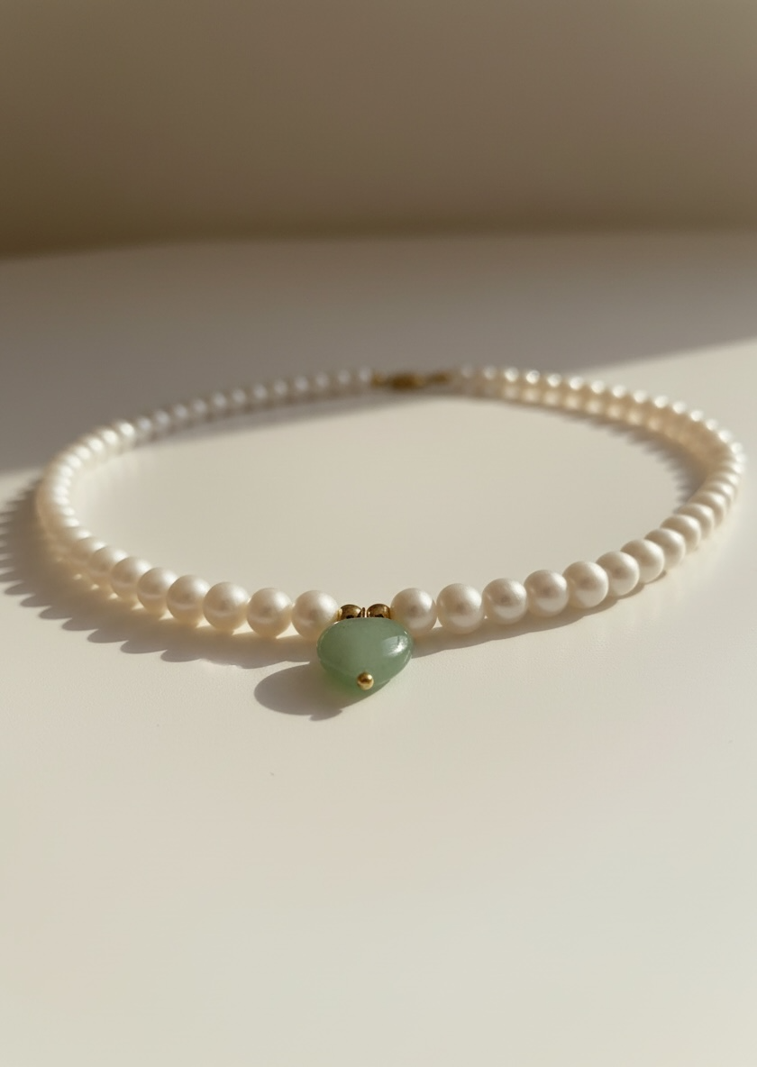 Natural Cultured Freshwater Pearl Necklace with Green Aventurine Heart
