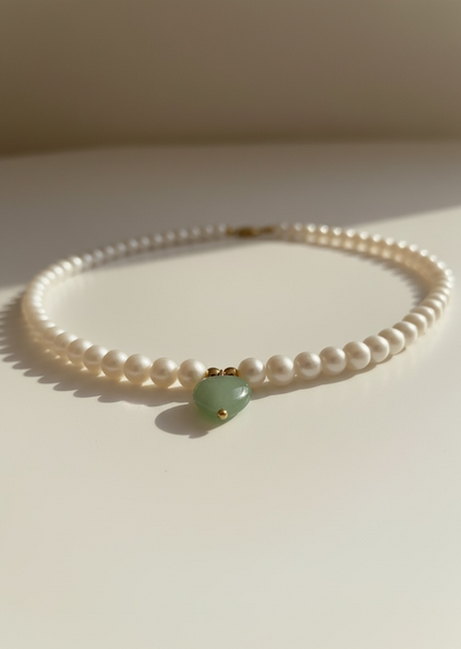 Natural Cultured Freshwater Pearl Necklace with Green Aventurine Heart