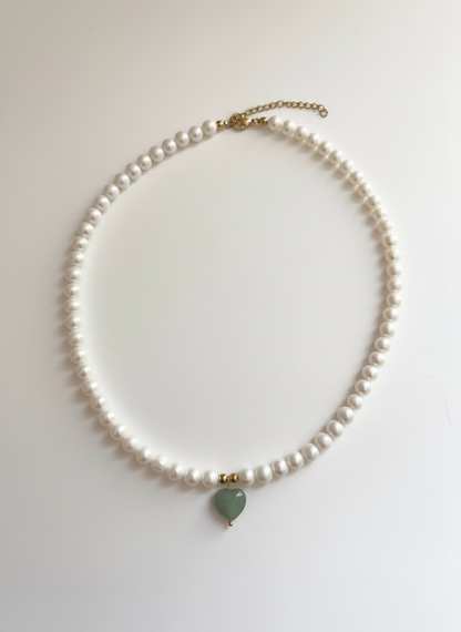 Natural Cultured Freshwater Pearl Necklace with Green Aventurine Heart