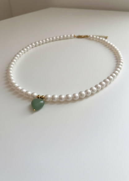 Natural Cultured Freshwater Pearl Necklace with Green Aventurine Heart