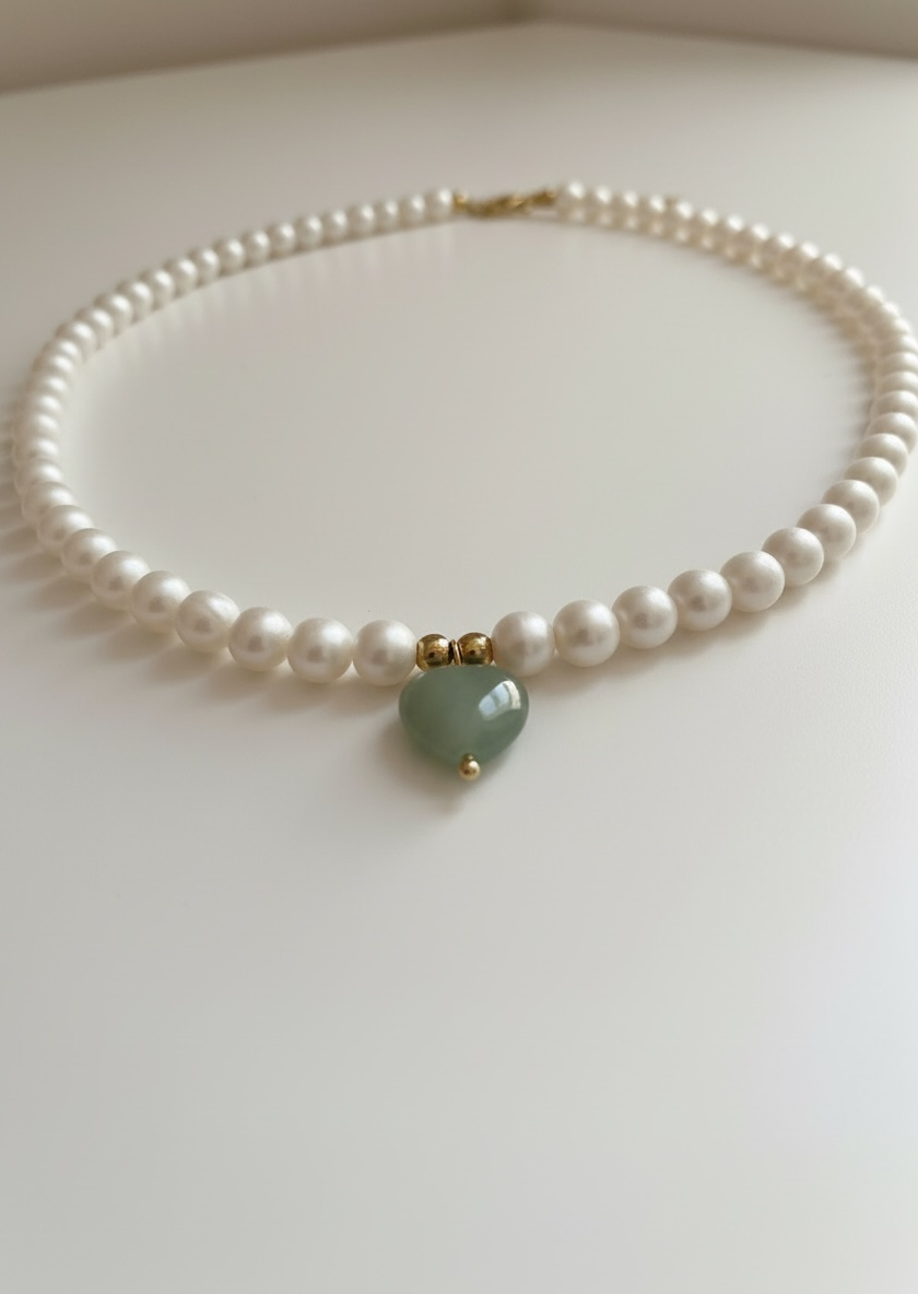 Natural Cultured Freshwater Pearl Necklace with Green Aventurine Heart