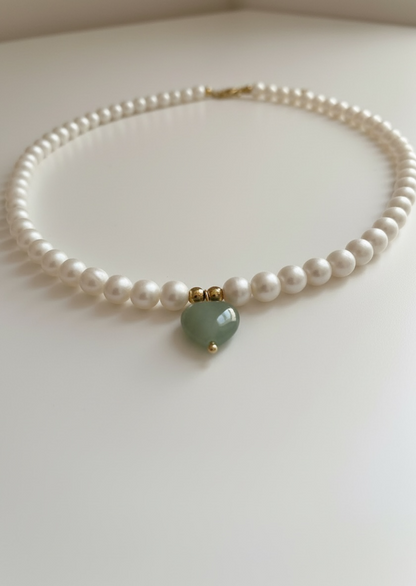 Natural Cultured Freshwater Pearl Necklace with Green Aventurine Heart
