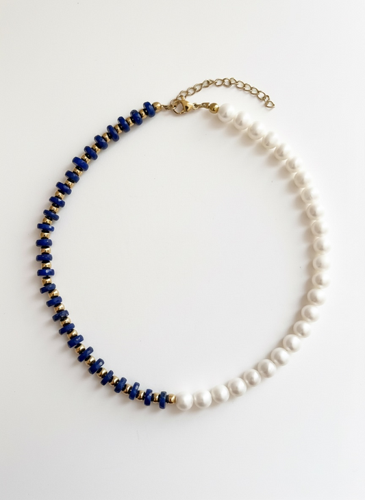Natural Lapis Lazuli Faceted Heishi and Pearls Necklace