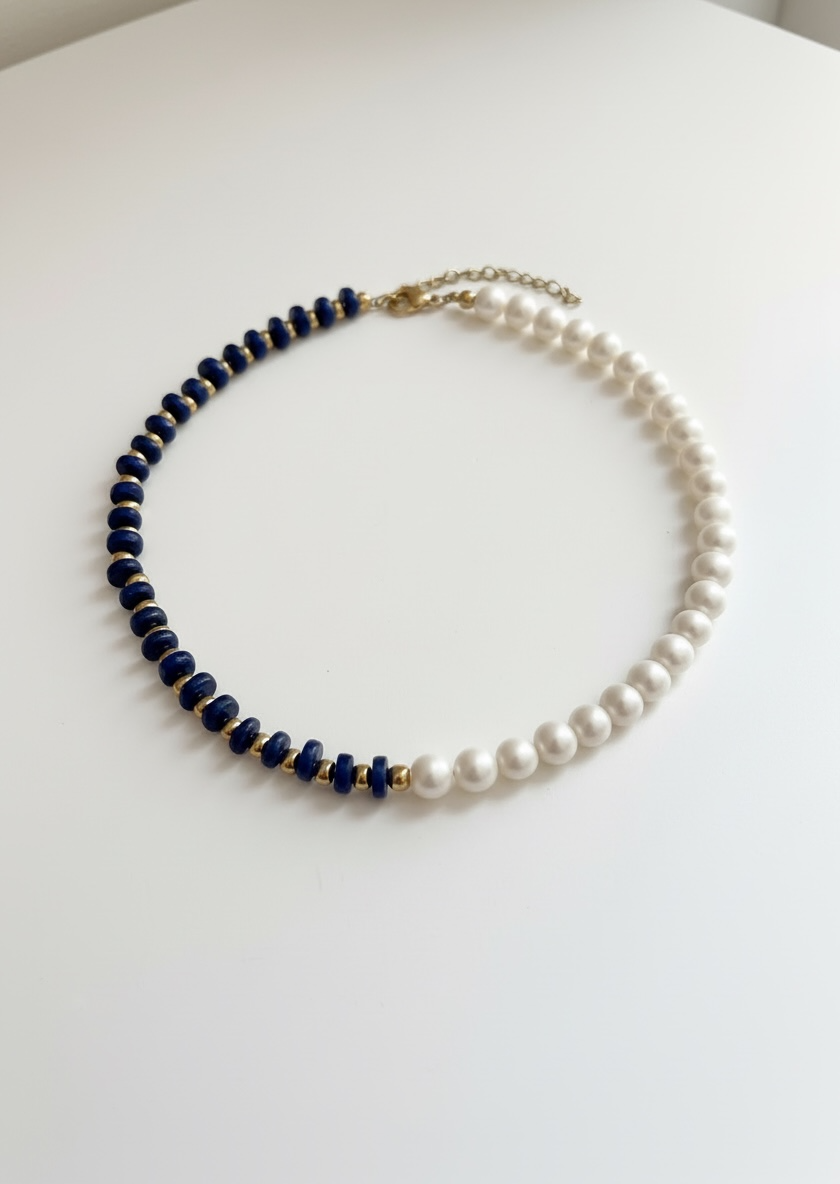 Natural Lapis Lazuli Faceted Heishi and Pearls Necklace