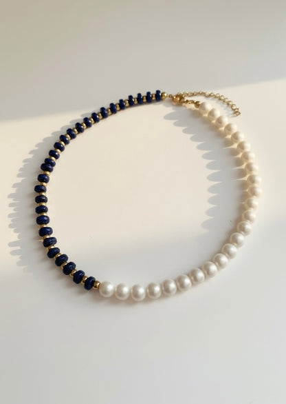 Natural Lapis Lazuli Faceted Heishi and Pearls Necklace