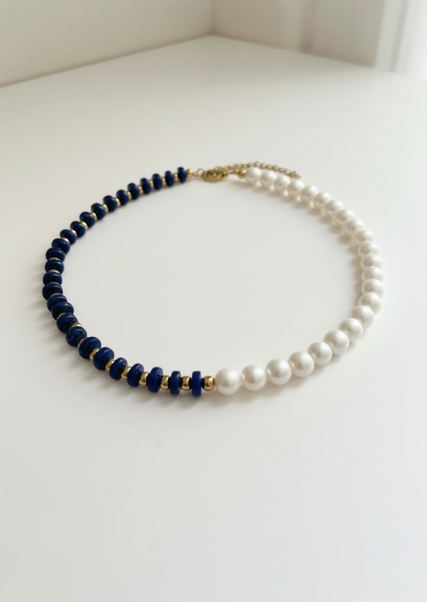 Natural Lapis Lazuli Faceted Heishi and Pearls Necklace