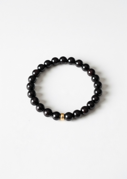 8mm Black Tourmaline and Gold Rondelle Stretch Bracelet