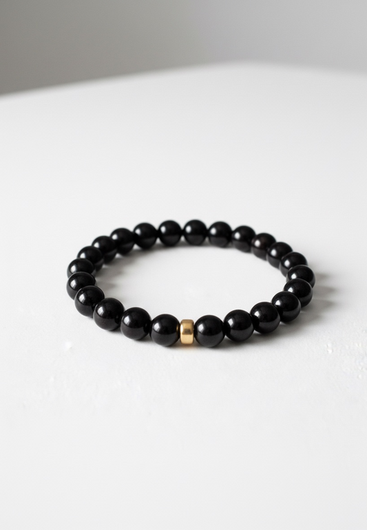8mm Black Tourmaline and Gold Rondelle Stretch Bracelet
