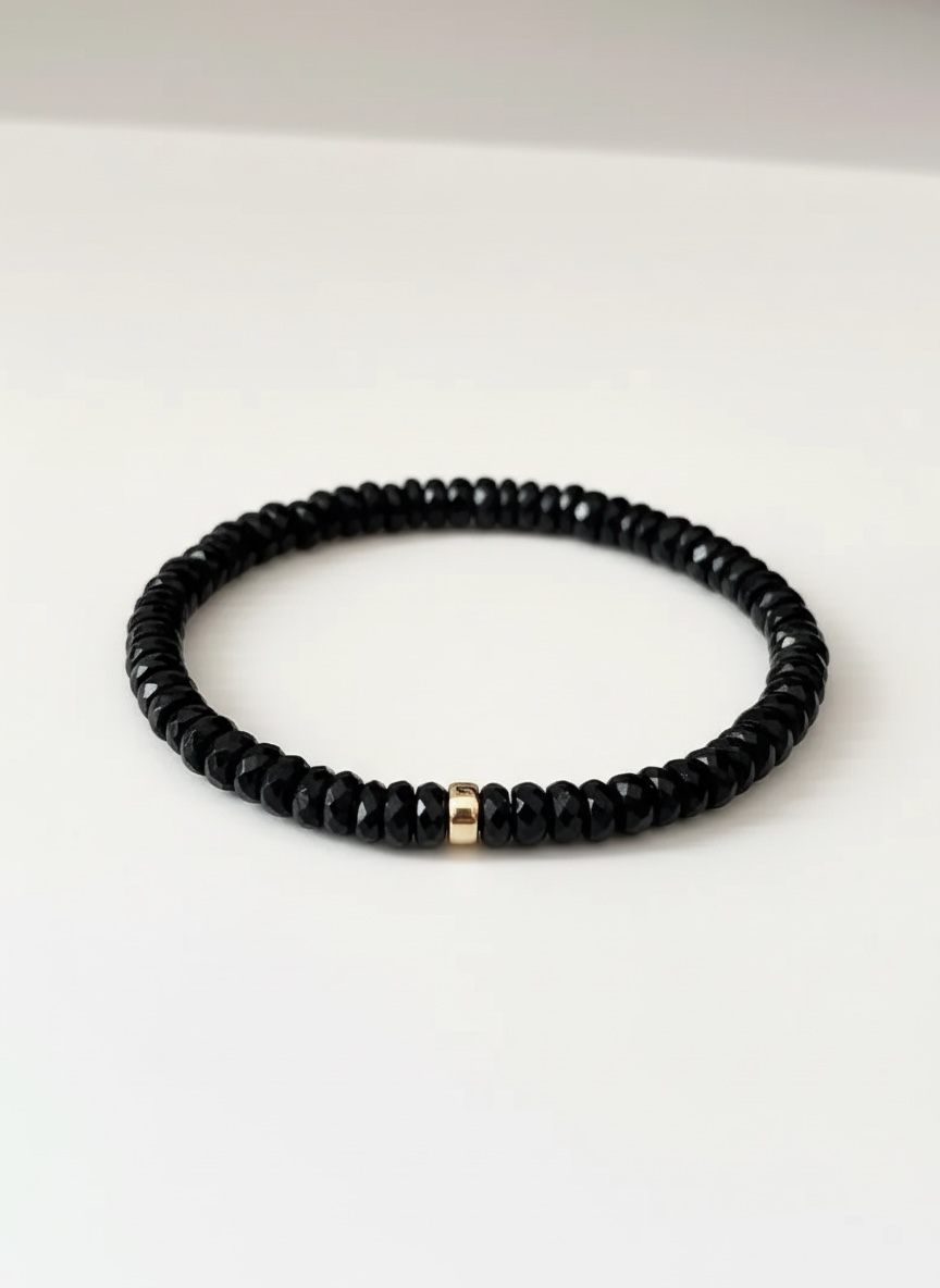 Faceted Black Tourmaline Heishi Stretch Bracelet with Gold