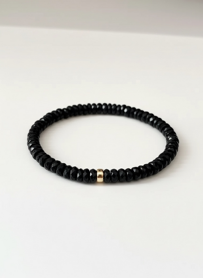 Faceted Black Tourmaline Heishi Stretch Bracelet with Gold