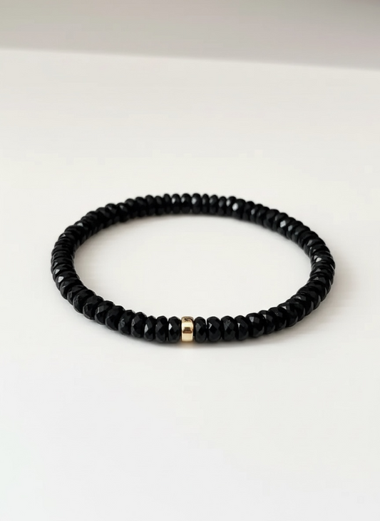 Faceted Black Tourmaline Heishi Stretch Bracelet with Gold