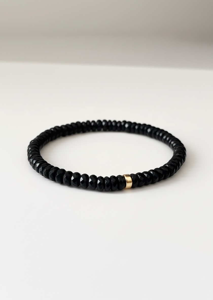 Faceted Black Tourmaline Heishi Stretch Bracelet with Gold