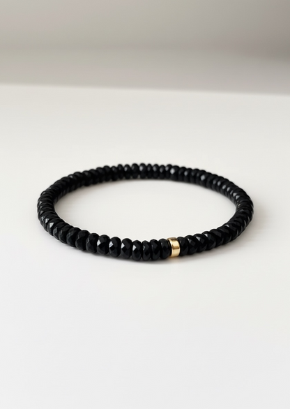 Faceted Black Tourmaline Heishi Stretch Bracelet with Gold