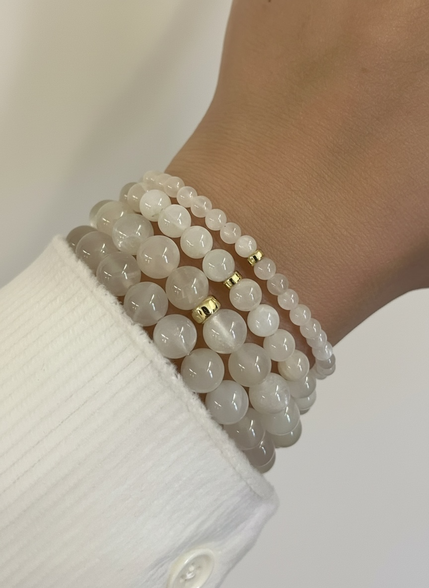 White Moonstone with Gold Rondelle Bead Stretch Bracelet
