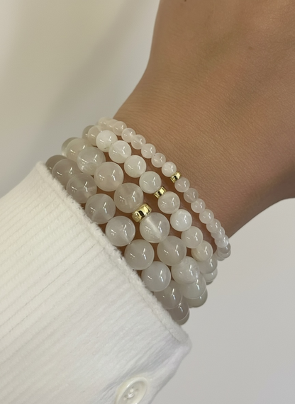White Moonstone with Gold Rondelle Bead Stretch Bracelet