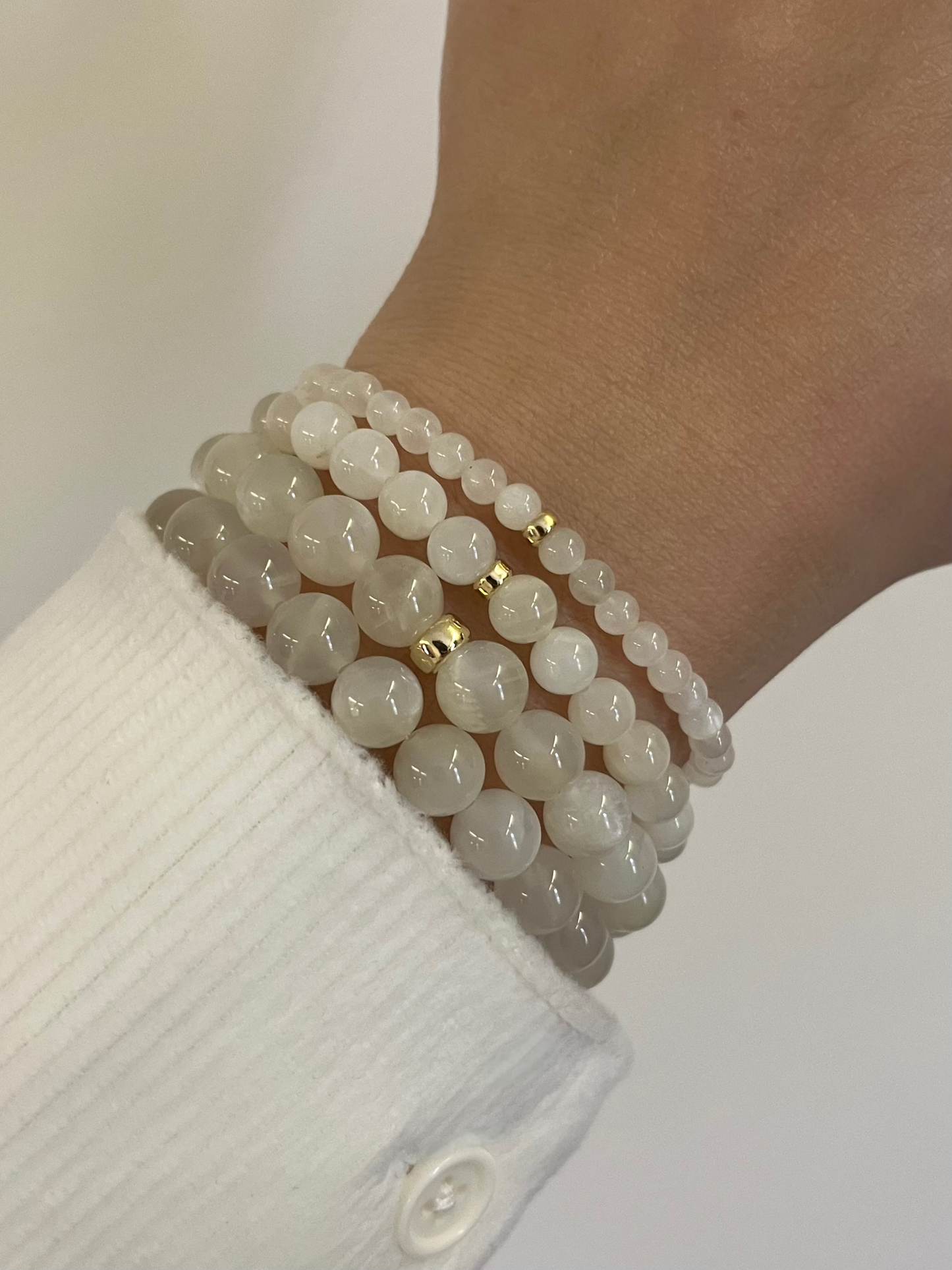 White Moonstone with Gold Rondelle Bead Stretch Bracelet