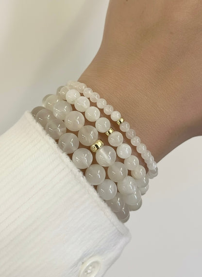 White Moonstone with Gold Rondelle Bead Stretch Bracelet