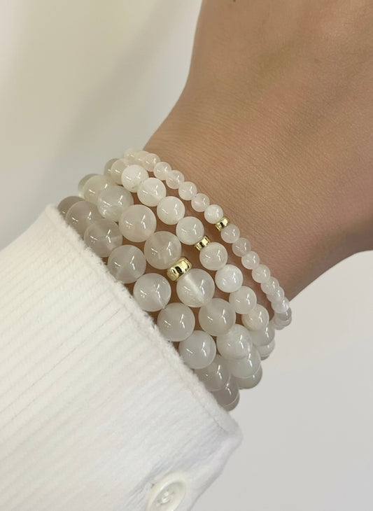 White Moonstone with Gold Rondelle Bead Stretch Bracelet
