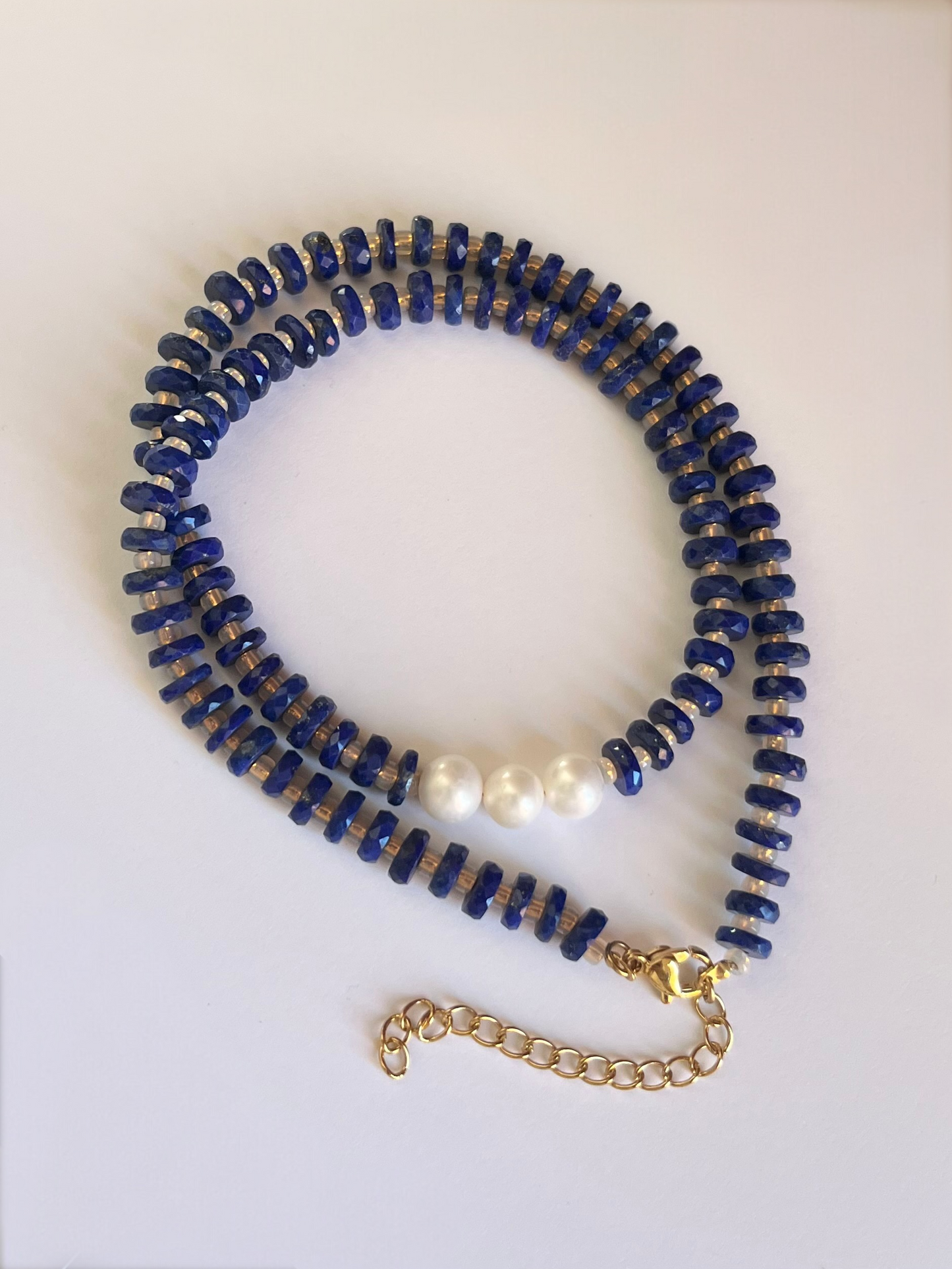 Natural Lapis Lazuli Faceted Heishi Necklace with Pearls