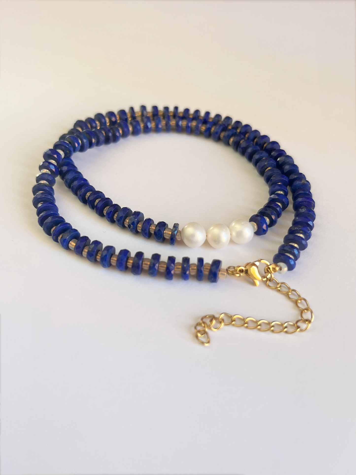 Natural Lapis Lazuli Faceted Heishi Necklace with Pearls