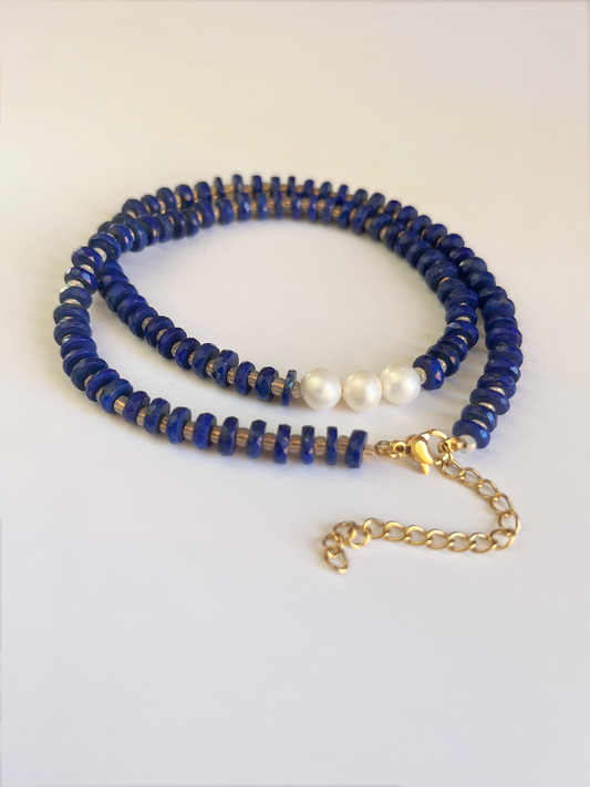 Natural Lapis Lazuli Faceted Heishi Necklace with Pearls