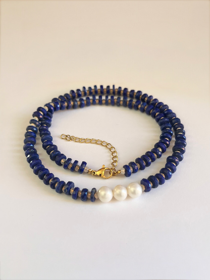 Natural Lapis Lazuli Faceted Heishi Necklace with Pearls