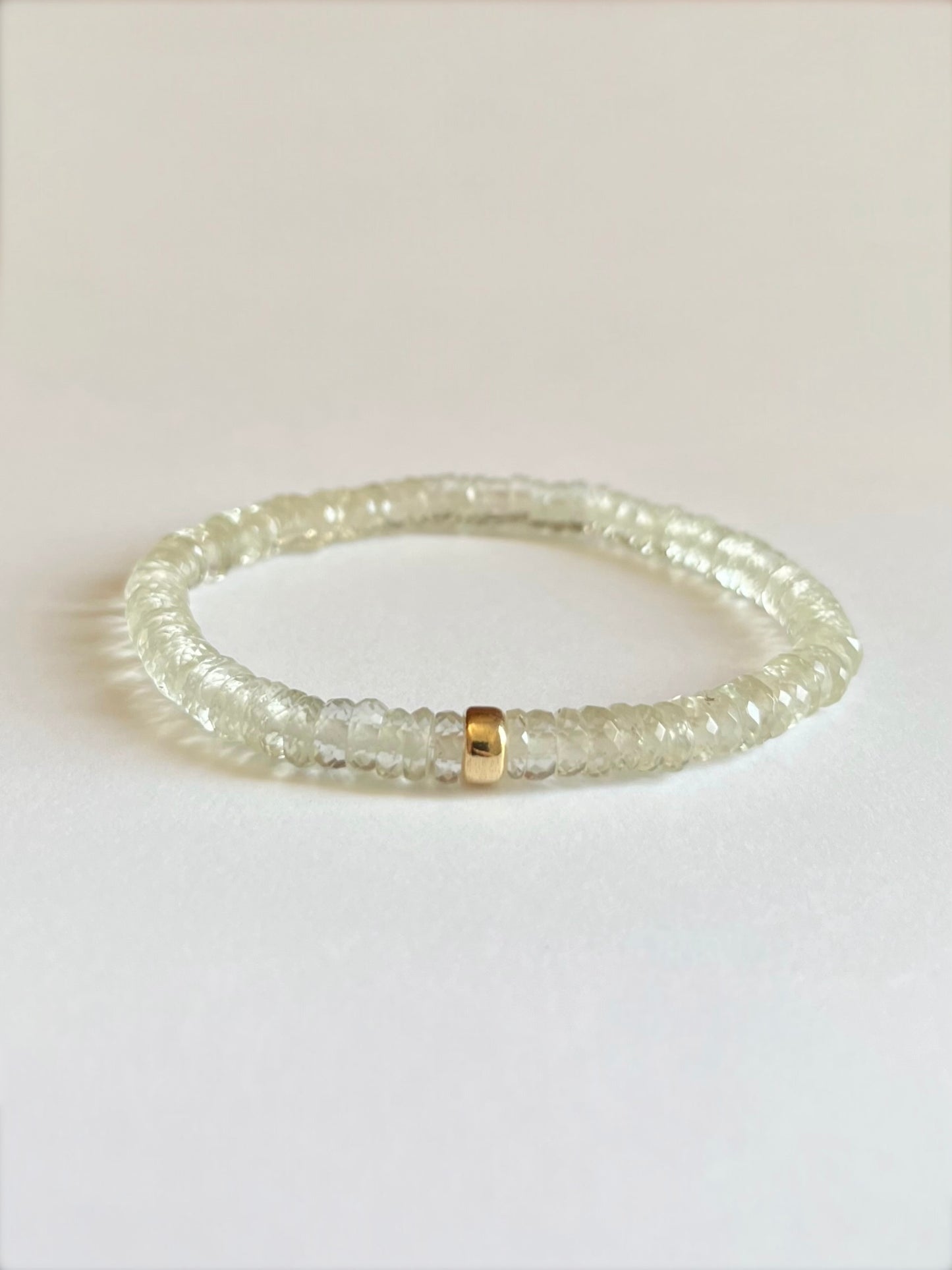 Faceted Prehnite Heishi Stretch Bracelet with Gold