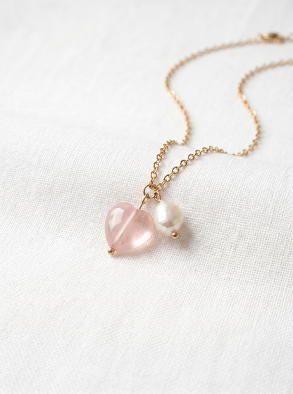Rose Quartz Heart and Baroque Pearl Necklace