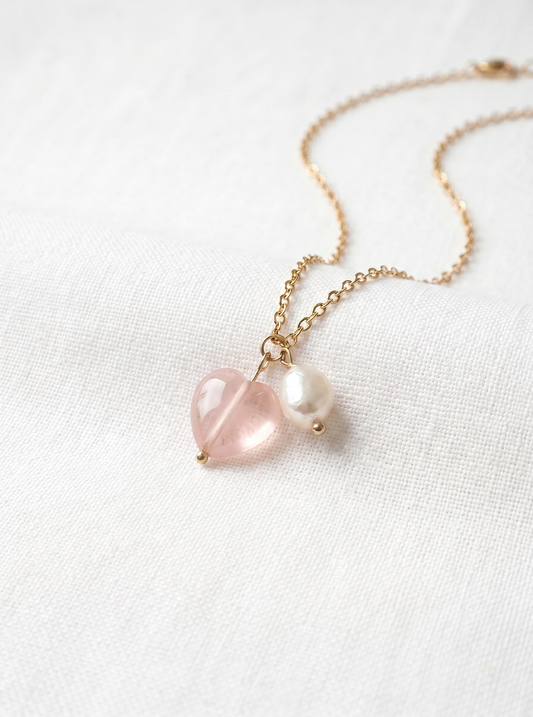 Rose Quartz Heart and Baroque Pearl Necklace