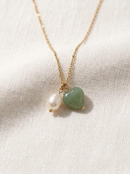 Green Aventurine Heart and Baroque Pearl Necklace