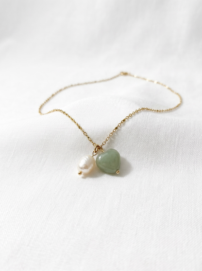 Green Aventurine Heart and Baroque Pearl Necklace